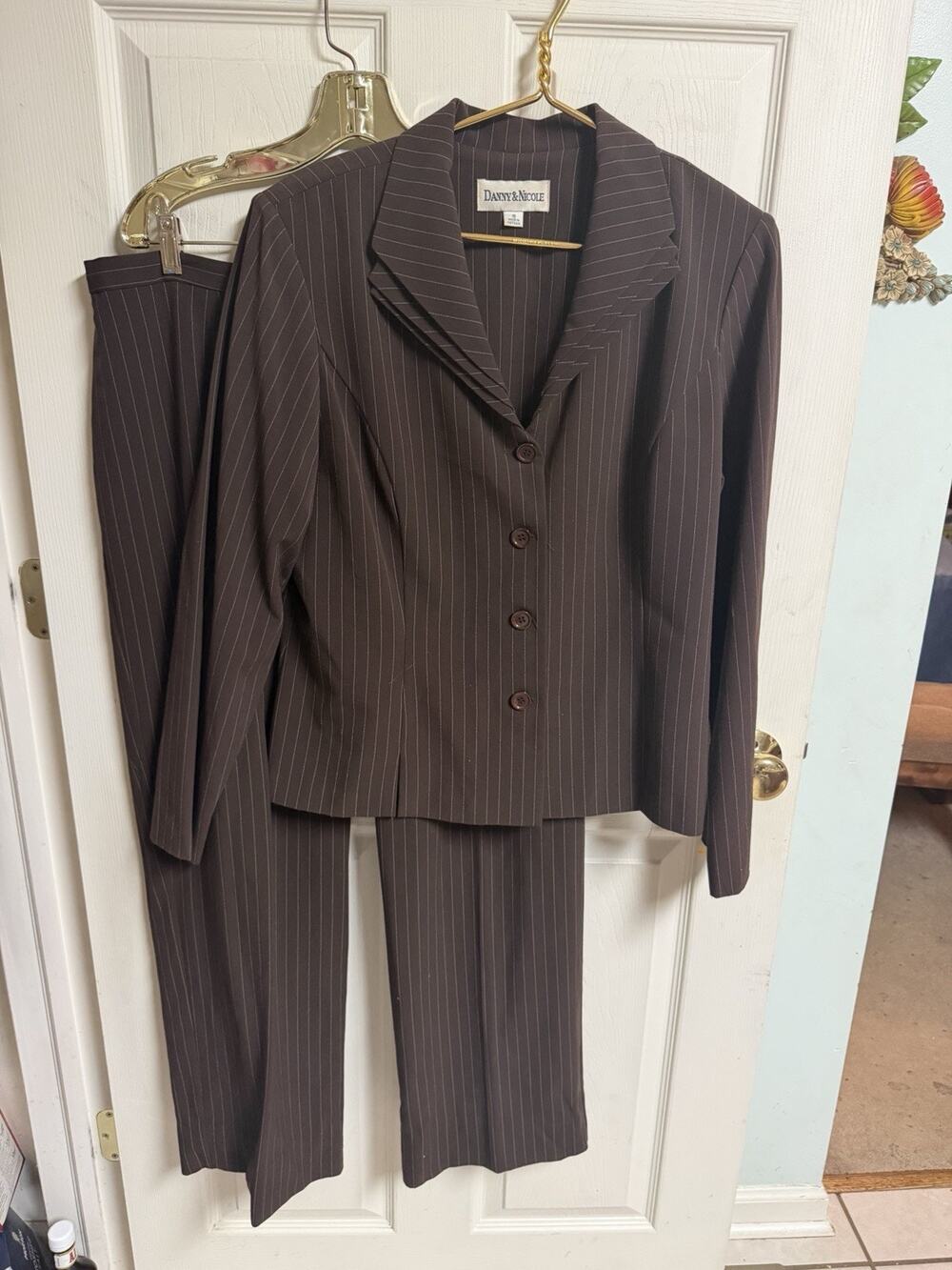 Danny Nicole Pant Suit XL Sz 18 2Pc Brown Striped Blazer Set Jacket 44w 36x27